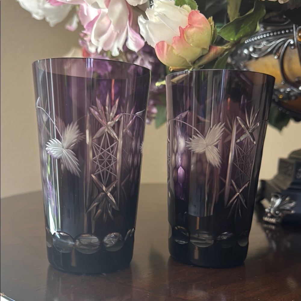 Set of 2 Elegant Purple Amethyst Etched Glass High Ball glasses